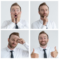 Business leader portrait set with different gestures and facial expressions. Positive, shocked,...