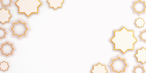 Arabic geometric star ornament on white background. Design creative concept of islamic celebration day ramadan kareem or eid al fitr adha, copy space text area, 3D rendering illustration.
