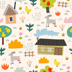 seamless pattern with cartoon houses, trees, birds, goats, clouds, flowers, decor elements on a neutral background. colorful vector for kids, flat style. village. Baby design for fabric, textile, prin