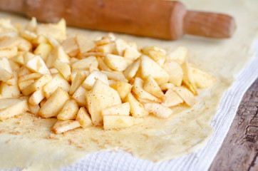 Homemade apple strudel with fresh apples. Cooking apple strudel