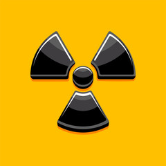 Classic radiation warning symbol on yellow background. Black shiny sign in cartoon style. Radioactive danger pictogram. Glossy buttons. Stock vector illustration. Cute elements for video games 