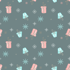 Christmas present and snowflakes seamless square texture textural digital art on blue background. Print for wrapping paper, cards, banners, posters, web, fabrics, invitations.