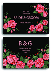 Wedding invitation design with red roses on black background. Vector card template with flowers