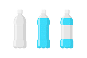 Plastic bottle package set empty with blue water and label. Carbonated mineral drink beverage with bubbles in tare flat isolated vector illustration