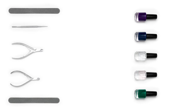 Flat lay manicure tools on white background isolated