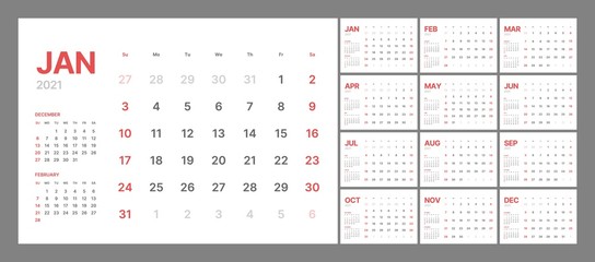 Wall calendar template for 2021 year. Planner diary in a minimalist style. Week Starts on Sunday. Monthly calendar ready for print.