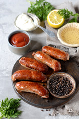 Homemade turkey (chicken) sausages with different sauces