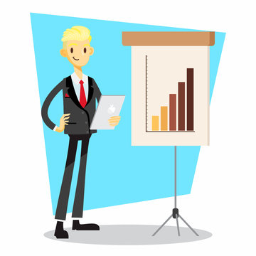 businessman cartoon character with proud during presentation pose