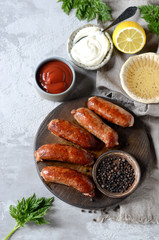 Homemade turkey (chicken) sausages with different sauces