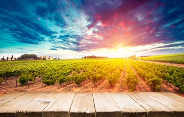 Poster Rode wijn met vat op wijngaard in groen Toscane, Italië © kishivan