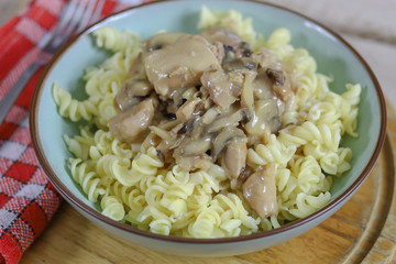 poulet cuisiné aux champignons et à la crème fraîche