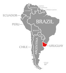 Uruguay red highlighted in continent map of South America