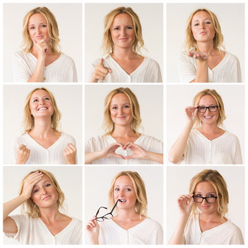 Positive woman portrait set with different hand gestures and facial expressions. Beautiful lady in casual in casual studio shot collage. Multiscreen montage, split screen collage. Emotions concept