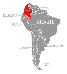 Colombia red highlighted in continent map of South America