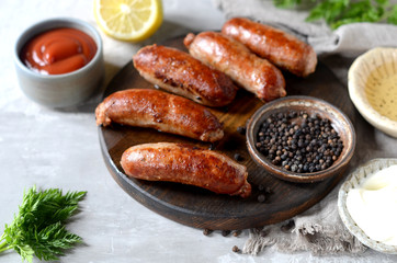 Homemade turkey (chicken) sausages with different sauces