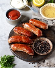 Homemade turkey (chicken) sausages with different sauces