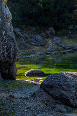 Green color Double Lakes in Valley of the Triglav Lakes, close up