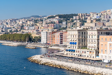Fototapeta na wymiar Partenope Street in the Naples Bay. Seafront view from the egg castle, Castel dell'ovo, Naples, Campania, Italy