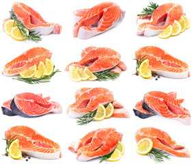 Salmon fish steak with lemon and rosemary on a white background