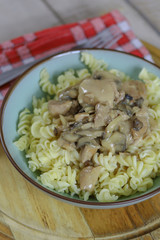 poulet cuisiné aux champignons et à la crème fraîche