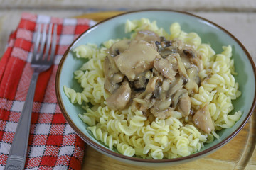 poulet cuisiné aux champignons et à la crème fraîche