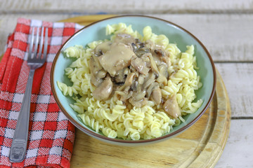 poulet cuisiné aux champignons et à la crème fraîche