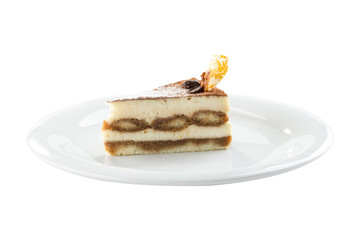 slice of Italian dessert tiramisu cake on white plate isolated on white background