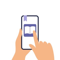 Human is holding a phone and reading an e-book. Finger turning a page on a screen. Flat Vector can be used by libraries, apps, landing pages, stores, schools or e-commerce.