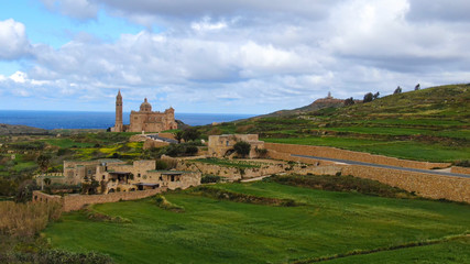 Aerial view over Basilica Ta Pinu in Gozo - a national shrine - aerial photography