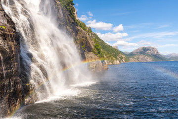 Lysefjord Waterfall from boat trip in the Lysefjord in Norway
