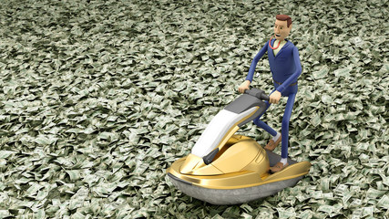 cartoon businessman floating on a jet ski on the river from dollars banknotes 3d render
