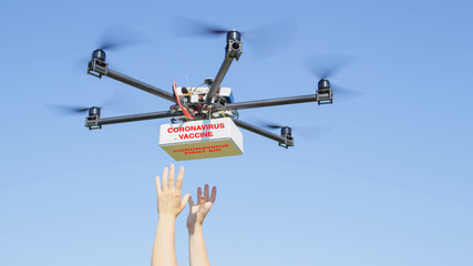 CLOSE UP: Infected person reaches up to grab vaccine from a delivery drone.