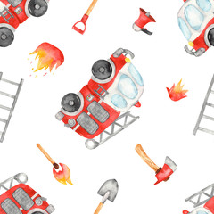 Watercolor seamless pattern with fire engine and fire equipment on white background © MarinaErmakova
