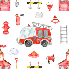 Watercolor seamless pattern with fire station, truck and fire equipment on white background © MarinaErmakova