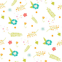 Naklejka na ściany i meble Seamless colorful floral pattern on white background. Ideal for use as a print on fabrics, clothes, dresses, wallpapers, invitations, wrapping paper, postcards and more