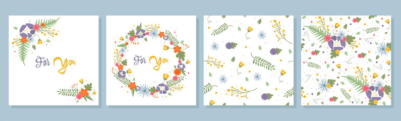 Collection of colorful floral cards and patterns. Beautiful set of cards for invitations, card design, gifts and more