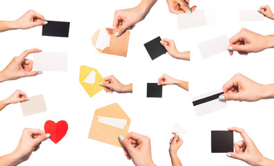 set of  female  hands  holding cards for mock up isolated on white background- Image