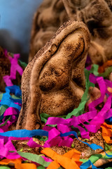 Baked Easter bunny bread on festive display in shop or buffet line