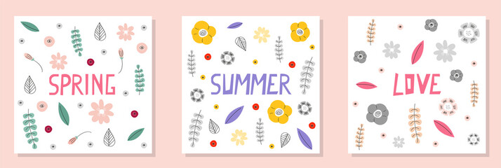 Set of spring and summer abstract floral banners. Summer design concept. Doodle color illustration