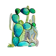 E letter in the form of cactus in blue colors, green eco English letter Illustration on a white background