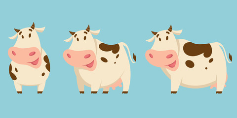 Vector set of cows in different poses. Farm animals in cartoon style.