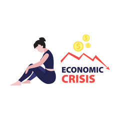 Vector flat illustration of sitting woman investor with red falling arrow and dollars coins. Financial world crisis concept. Down of oil price, market decline, woman investor is in shock