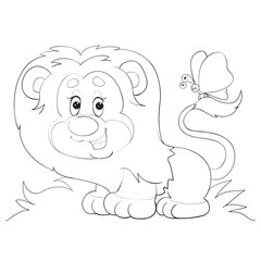 cartoon style little lion cub with a butterfly on its tail drawn in outline, isolated object on a white background, vector illustration,