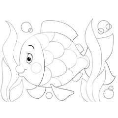 cartoon style little fish swims in the sea among the algae drawn in outline, isolated object on a white background, vector illustration,
