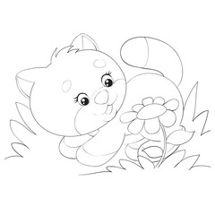 cartoon style little kitten plays among the grass drawn in outline, isolated object on a white background, vector illustration,