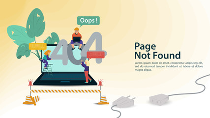Oops 404 error page not found Internet connection problems small people trying to restore connection to laptop repair area for websites and mobile apps Flat vector illustration