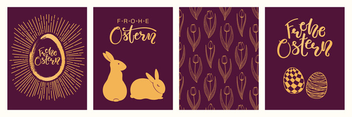 Collection of greeting cards with rabbits, eggs, flowers, sunburst, German text Frohe Ostern, Happy Easter. Gold on purple background. Flat style design. Concept for holiday print, invite, gift tag.