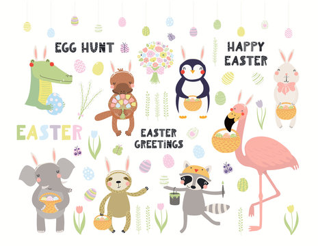 Big Easter set with cute animals, eggs, flowers, quotes. Isolated objects on white background. Hand drawn vector illustration. Scandinavian style flat design. Concept kids holiday print, card, invite.