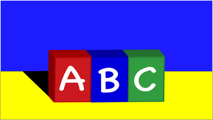 ABC 3D bright colored blocks stacked in yellow and blue vibrant room. Education, learning, preschool, concepts.