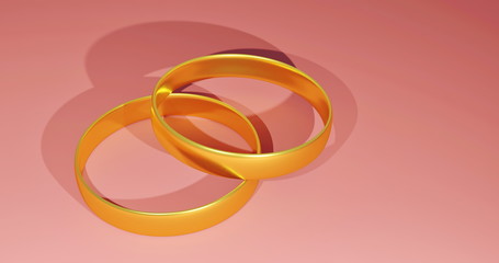 golden ring. two wedding rings. wedding pink background. 3D illustration
